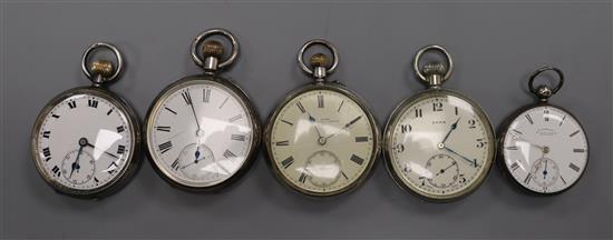 A Victorian silver keywind pocket watch by B. Marriott, four other pocket watches including three silver and a Cyma & 2 alberts.